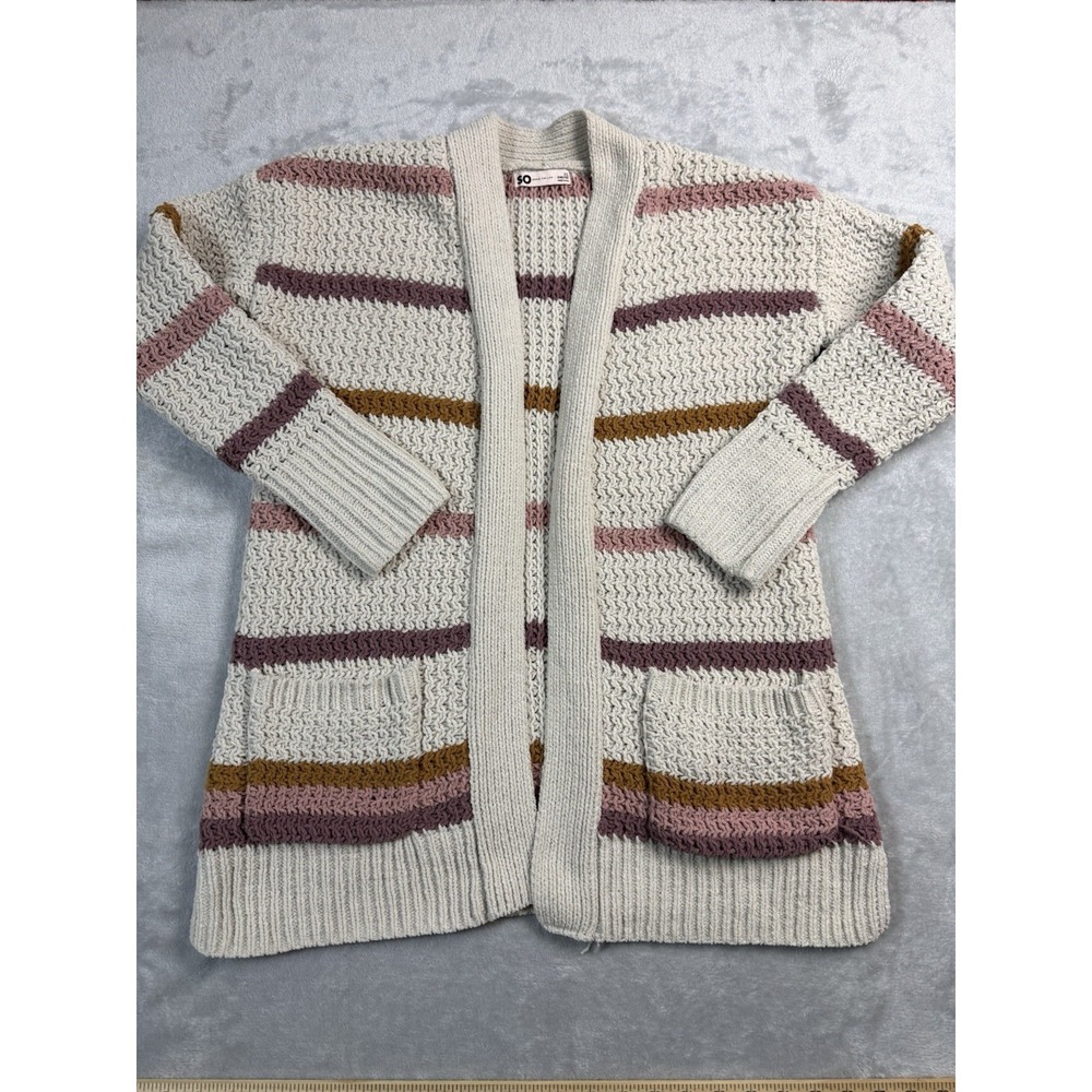 SO Women's XS Ivory Striped Knit Open Front‎ Long Sleeve Cardigan Sweater